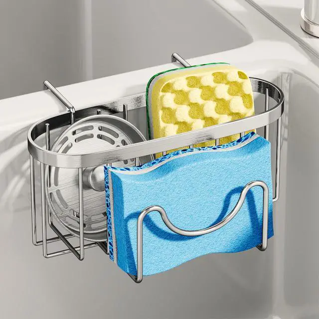 Main image of Sponge Holder for Kitchen Sink - Movable Kitchen Caddy with M Shape Hook, Stainless Steel Hanging Sponge Caddy for Sponges, Brush, Stopper Organizer in Double Bowl Sink, Silver