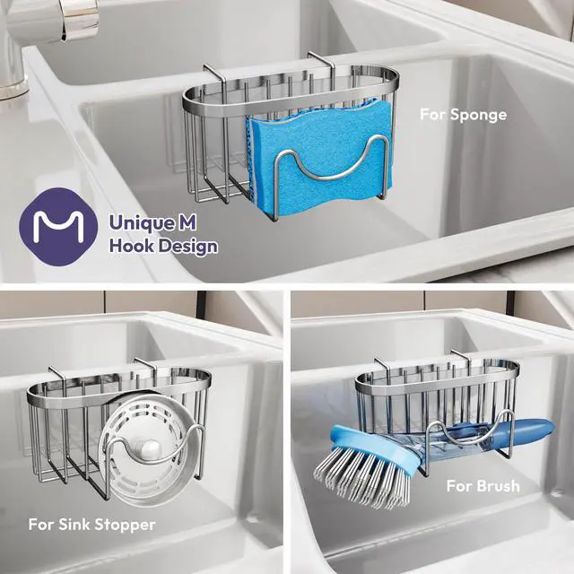 Alt view image 3 of 7 - Sponge Holder for Kitchen Sink - Movable Kitchen Caddy with M Shape Hook, Stainless Steel Hanging Sponge Caddy for Sponges, Brush, Stopper Organizer in Double Bowl Sink, Silver