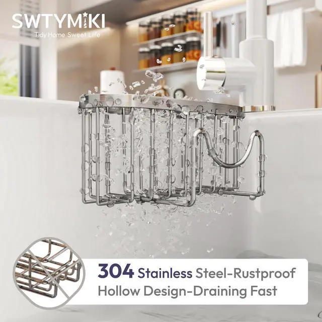 Alt view image 5 of 7 - Sponge Holder for Kitchen Sink - Movable Kitchen Caddy with M Shape Hook, Stainless Steel Hanging Sponge Caddy for Sponges, Brush, Stopper Organizer in Double Bowl Sink, Silver
