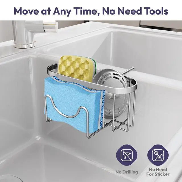 Alt view image 6 of 7 - Sponge Holder for Kitchen Sink - Movable Kitchen Caddy with M Shape Hook, Stainless Steel Hanging Sponge Caddy for Sponges, Brush, Stopper Organizer in Double Bowl Sink, Silver