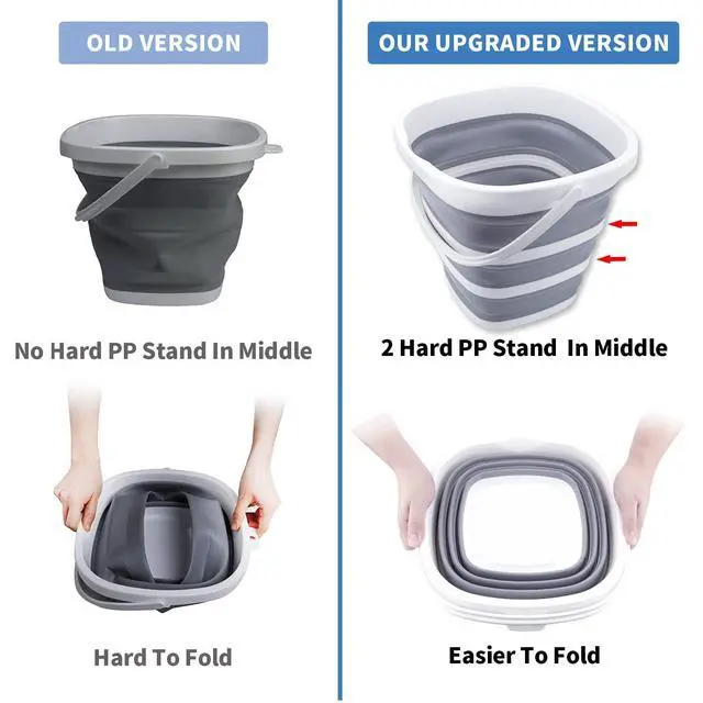 Alt view image 3 of 7 - Collapsible Bucket 10L 2.6 Gallon Cleaning Bucket Mop Bucket Folding Foldable Portable Small Plastic Water Supplies for Outdoor Garden Camping Fishing Car Wash Space Saving Grey Square