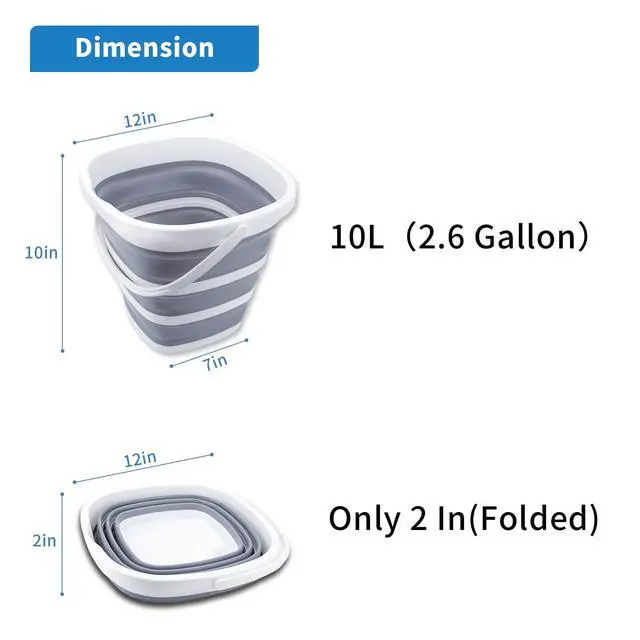 Alt view image 2 of 7 - Collapsible Bucket 10L 2.6 Gallon Cleaning Bucket Mop Bucket Folding Foldable Portable Small Plastic Water Supplies for Outdoor Garden Camping Fishing Car Wash Space Saving Grey Square