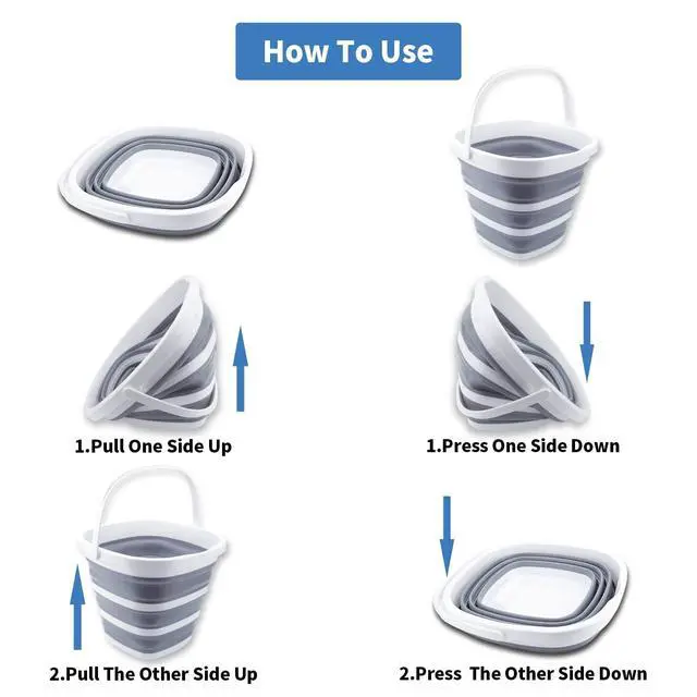 Alt view image 4 of 7 - Collapsible Bucket 10L 2.6 Gallon Cleaning Bucket Mop Bucket Folding Foldable Portable Small Plastic Water Supplies for Outdoor Garden Camping Fishing Car Wash Space Saving Grey Square
