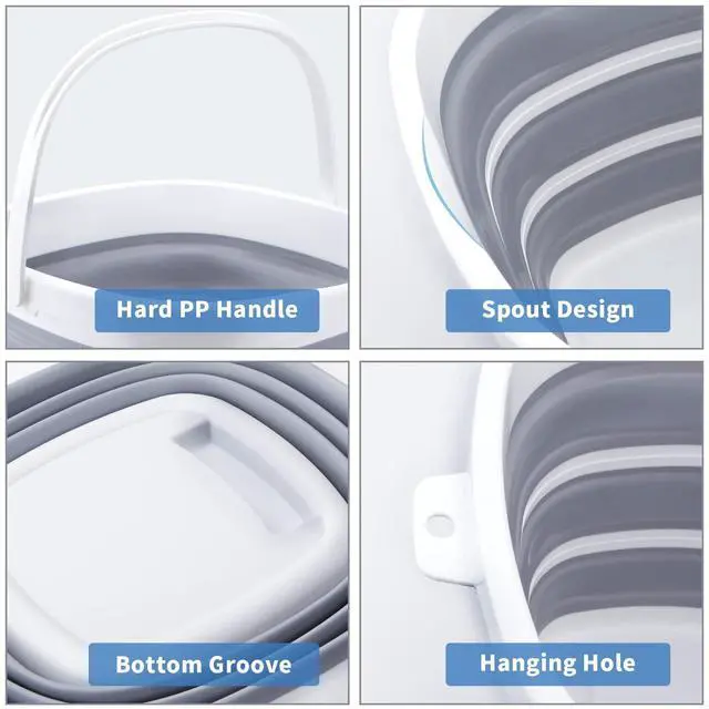 Alt view image 5 of 7 - Collapsible Bucket 10L 2.6 Gallon Cleaning Bucket Mop Bucket Folding Foldable Portable Small Plastic Water Supplies for Outdoor Garden Camping Fishing Car Wash Space Saving Grey Square