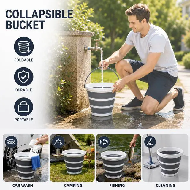 Alt view image 5 of 7 - 10L Round Collapsible Bucket, 2.6 Gallon Portable Folding Water Container with Handle for Camping, Fishing, Hiking, Travel & Gardening