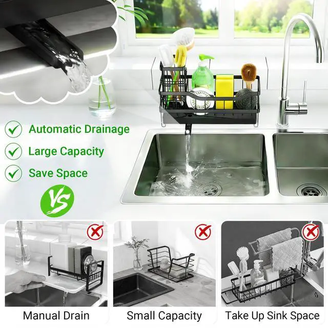 Alt view image 4 of 7 - Sponge Holder for Kitchen Sink, Self-Draining Sink Caddy Organizer with Removable Brush Holder, Rustproof Metal Sponge Rack for Countertop, Fits Soap Dispenser & Scrubber, Black
