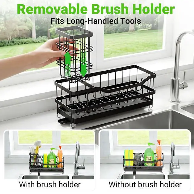 Alt view image 5 of 7 - Sponge Holder for Kitchen Sink, Self-Draining Sink Caddy Organizer with Removable Brush Holder, Rustproof Metal Sponge Rack for Countertop, Fits Soap Dispenser & Scrubber, Black