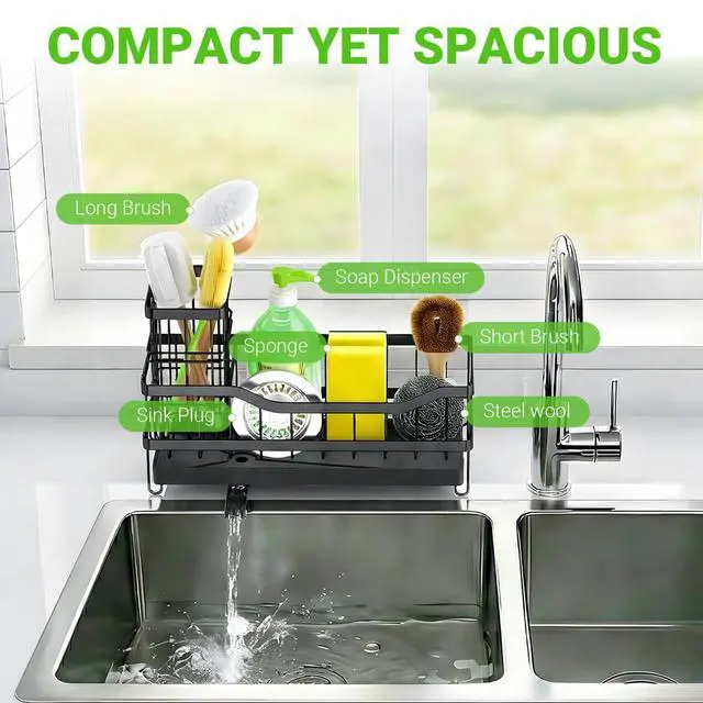 Alt view image 6 of 7 - Sponge Holder for Kitchen Sink, Self-Draining Sink Caddy Organizer with Removable Brush Holder, Rustproof Metal Sponge Rack for Countertop, Fits Soap Dispenser & Scrubber, Black