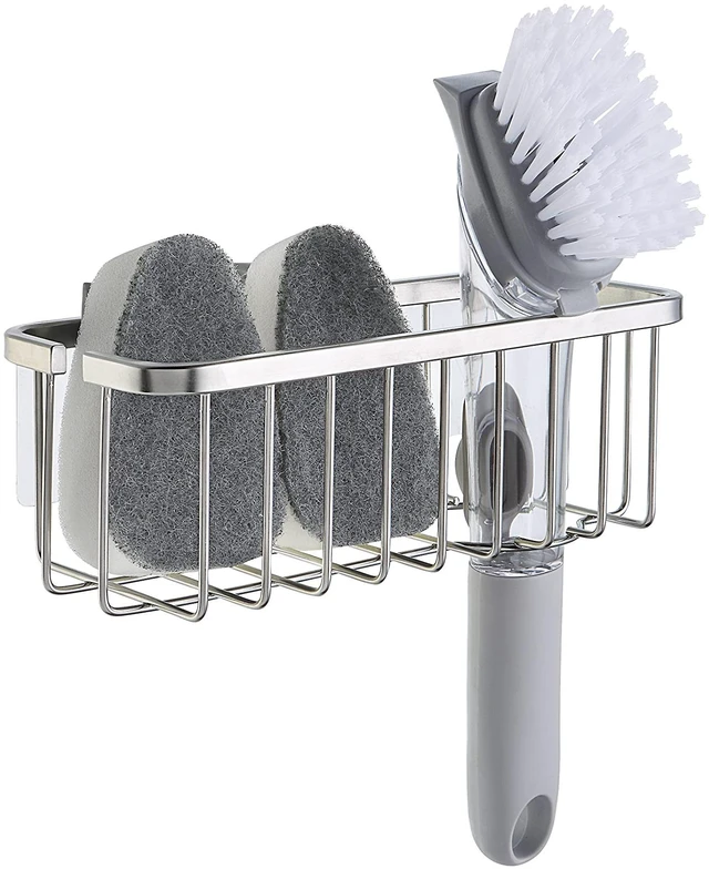 Main image of NeverRust Deluxe Kitchen & Bathroom Sink Sponge Holder Organizer with Adhesive Mount - Additional Suction Cup Included Sponge & Brush NOT Included 7.4 x 3.3 x 2.75 Inch