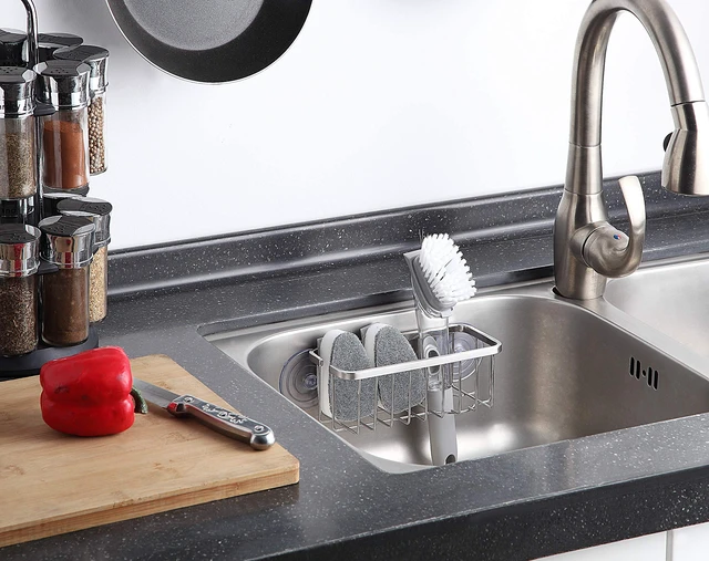 Alt view image 2 of 7 - NeverRust Deluxe Kitchen & Bathroom Sink Sponge Holder Organizer with Adhesive Mount - Additional Suction Cup Included Sponge & Brush NOT Included 7.4 x 3.3 x 2.75 Inch