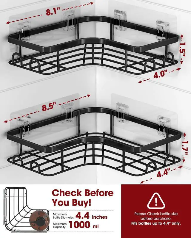 Alt view image 3 of 6 - Corner Shower Caddy - 2 Pack, Adhesive Shower Organizers, Rustproof Stainless Steel Shower Shelves with 8 Hooks, No Drilling Bathroom Organizers and Storage Racks, Space-Saving, Black, Medium