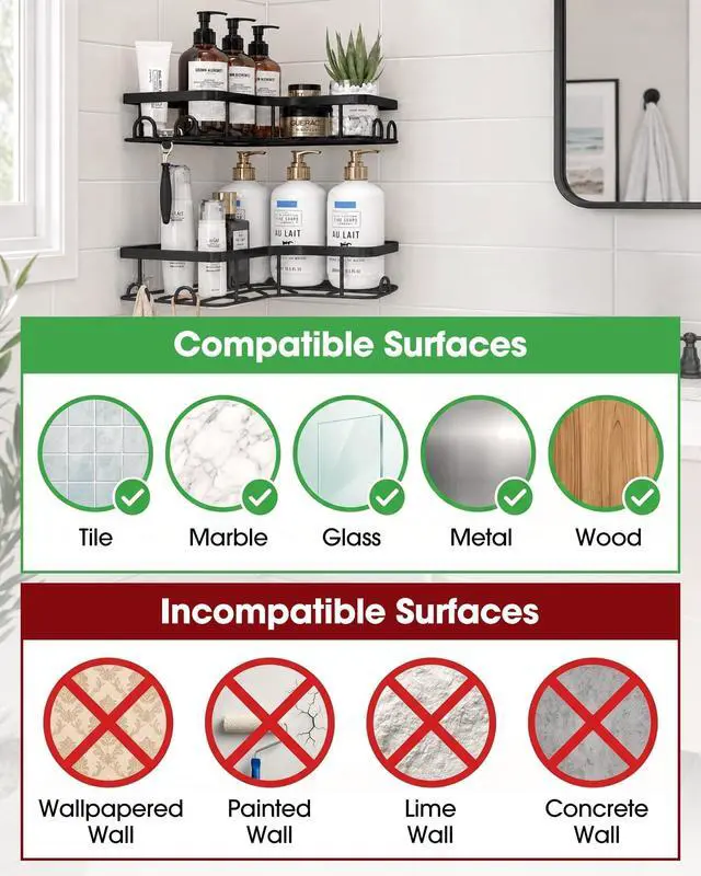 Alt view image 4 of 6 - Corner Shower Caddy - 2 Pack, Adhesive Shower Organizers, Rustproof Stainless Steel Shower Shelves with 8 Hooks, No Drilling Bathroom Organizers and Storage Racks, Space-Saving, Black, Medium