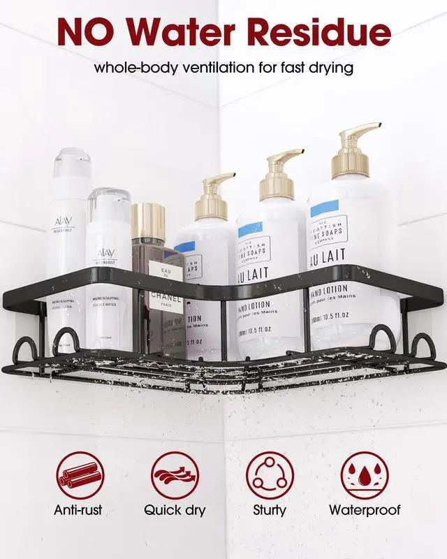 Alt view image 6 of 6 - Corner Shower Caddy - 2 Pack, Adhesive Shower Organizers, Rustproof Stainless Steel Shower Shelves with 8 Hooks, No Drilling Bathroom Organizers and Storage Racks, Space-Saving, Black, Medium