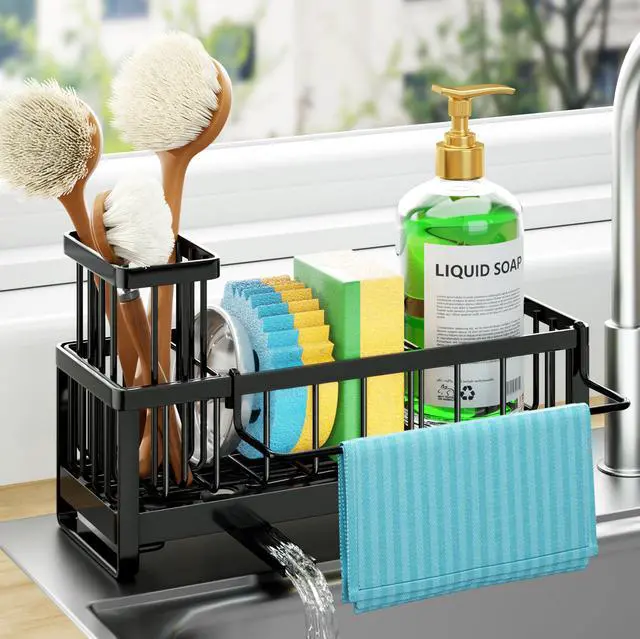 Main image of Sponge Holder for Kitchen Sink - Self-draining Sink Caddy with Brush and Dishcloth Holders, Stainless Steel Kitchen Countertop Organizers and Storage Essentials - Black
