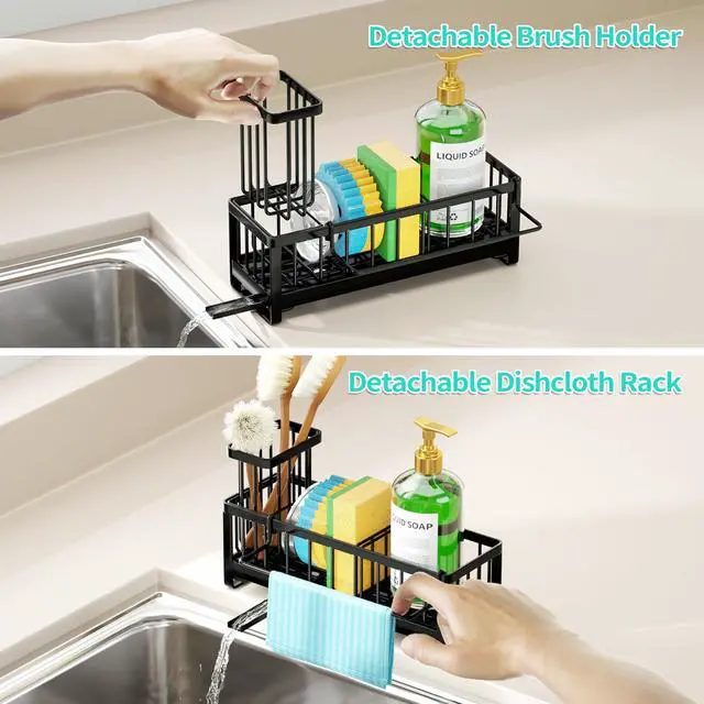 Alt view image 3 of 7 - Sponge Holder for Kitchen Sink - Self-draining Sink Caddy with Brush and Dishcloth Holders, Stainless Steel Kitchen Countertop Organizers and Storage Essentials - Black