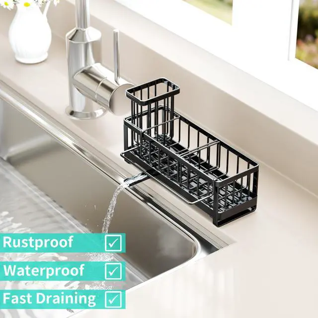 Alt view image 7 of 7 - Sponge Holder for Kitchen Sink - Self-draining Sink Caddy with Brush and Dishcloth Holders, Stainless Steel Kitchen Countertop Organizers and Storage Essentials - Black