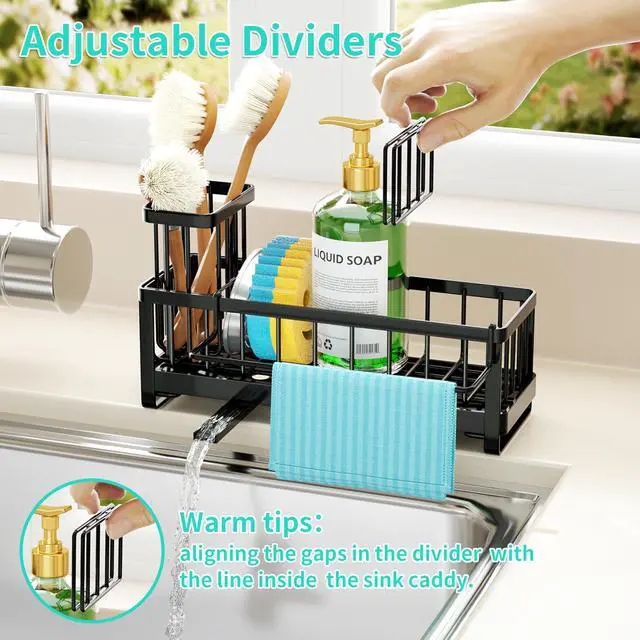 Alt view image 4 of 7 - Sponge Holder for Kitchen Sink - Self-draining Sink Caddy with Brush and Dishcloth Holders, Stainless Steel Kitchen Countertop Organizers and Storage Essentials - Black
