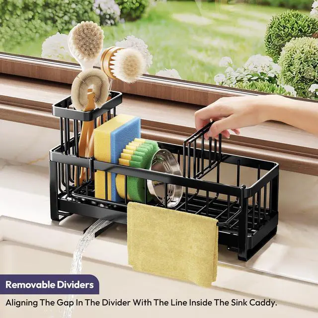 Alt view image 4 of 7 - Sponge Holder for Kitchen Sink - Sink Caddy with Brush Holder Self-draining Sponge Caddy Organizer with Divider Stainless Steel Kitchen Accessories Storage for Countertop, Black