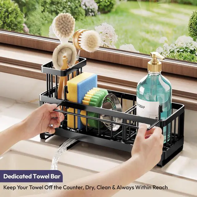 Alt view image 5 of 7 - Sponge Holder for Kitchen Sink - Sink Caddy with Brush Holder Self-draining Sponge Caddy Organizer with Divider Stainless Steel Kitchen Accessories Storage for Countertop, Black