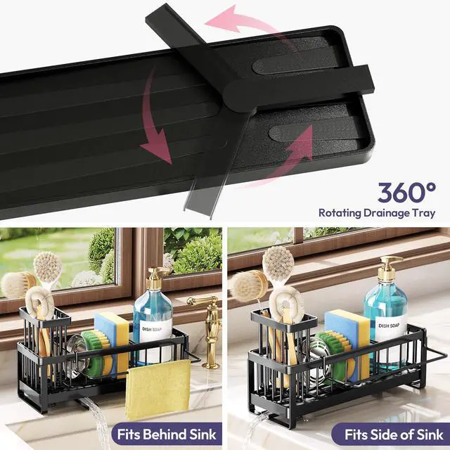 Alt view image 2 of 7 - Sponge Holder for Kitchen Sink - Sink Caddy with Brush Holder Self-draining Sponge Caddy Organizer with Divider Stainless Steel Kitchen Accessories Storage for Countertop, Black