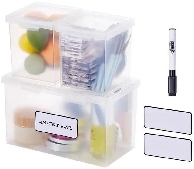 Main image of Konnect Storage Containers with Lids, Clear Plastic Box, Stackable for Crafts, Home, and Office Organization, Labels, 3-Piece (1 4 Qt Box, 2 1.5 Qt boxes)