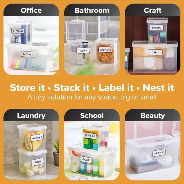 Alt view image 2 of 7 - Konnect Storage Containers with Lids, Clear Plastic Box, Stackable for Crafts, Home, and Office Organization, Labels, 3-Piece (1 4 Qt Box, 2 1.5 Qt boxes)