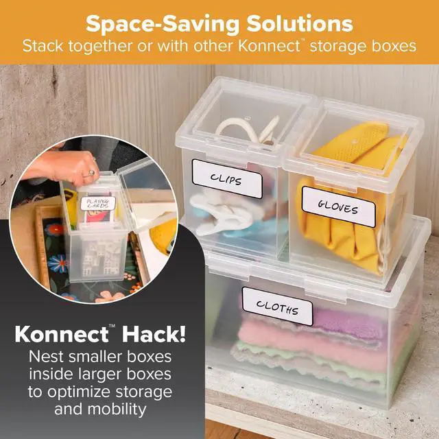 Alt view image 4 of 7 - Konnect Storage Containers with Lids, Clear Plastic Box, Stackable for Crafts, Home, and Office Organization, Labels, 3-Piece (1 4 Qt Box, 2 1.5 Qt boxes)
