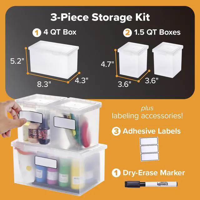 Alt view image 5 of 7 - Konnect Storage Containers with Lids, Clear Plastic Box, Stackable for Crafts, Home, and Office Organization, Labels, 3-Piece (1 4 Qt Box, 2 1.5 Qt boxes)