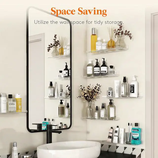 Alt view image 2 of 7 - Floating Shelves for Bathroom, Acrylic Display Shelf Wall Mounted for Makeup, Skincare, Nail Polish, Book, 14" Perfume Organizer for Bedroom, Living Room, Nursery, Home Decor, Clear, 4 Pack