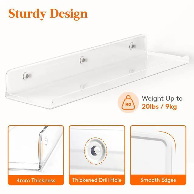 Alt view image 3 of 7 - Floating Shelves for Bathroom, Acrylic Display Shelf Wall Mounted for Makeup, Skincare, Nail Polish, Book, 14" Perfume Organizer for Bedroom, Living Room, Nursery, Home Decor, Clear, 4 Pack