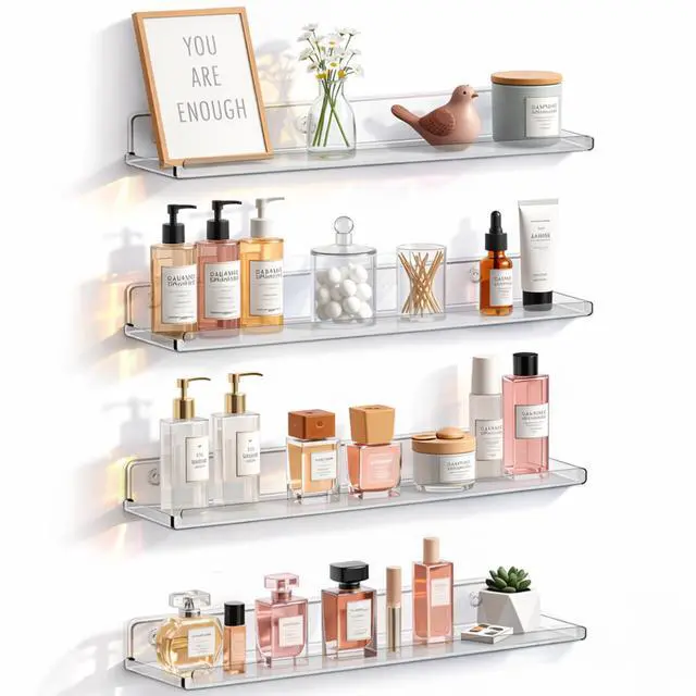 Main image of Floating Shelves for Bathroom, Acrylic Display Shelf Wall Mounted for Makeup, Skincare, Nail Polish, Book, 14" Perfume Organizer for Bedroom, Living Room, Nursery, Home Decor, Clear, 4 Pack