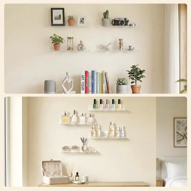 Alt view image 7 of 7 - Floating Shelves for Bathroom, Acrylic Display Shelf Wall Mounted for Makeup, Skincare, Nail Polish, Book, 14" Perfume Organizer for Bedroom, Living Room, Nursery, Home Decor, Clear, 4 Pack
