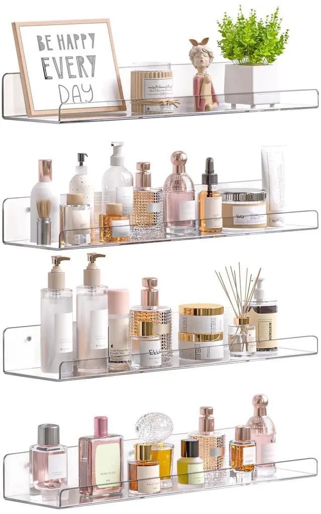 Main image of Acrylic Shelves for Bathroom Storage, 15" Floating Shelves Wall Organizer for Perfume, Make up, Skincare, Kids Bookshelf for Bedroom, Nursery, Living Room Decor, Clear, 4 Pack