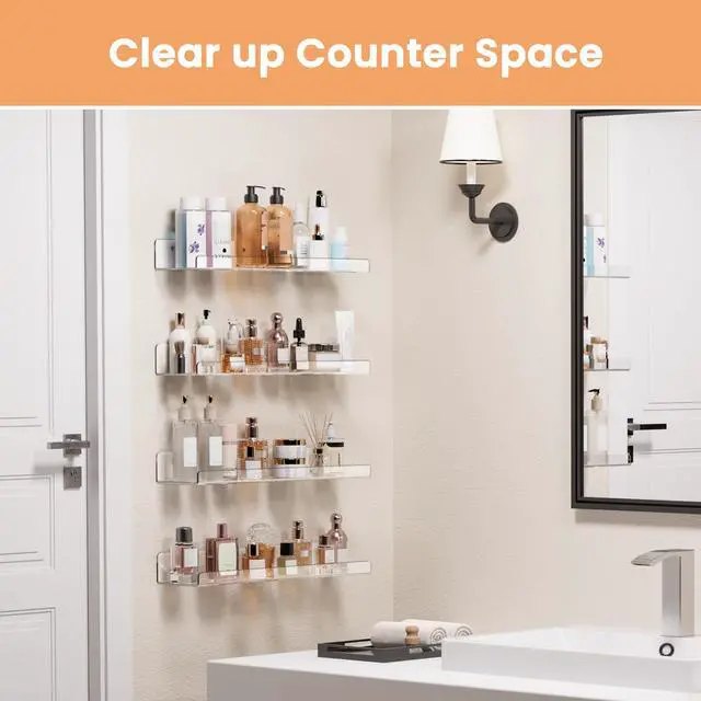Alt view image 3 of 7 - Acrylic Shelves for Bathroom Storage, 15" Floating Shelves Wall Organizer for Perfume, Make up, Skincare, Kids Bookshelf for Bedroom, Nursery, Living Room Decor, Clear, 4 Pack