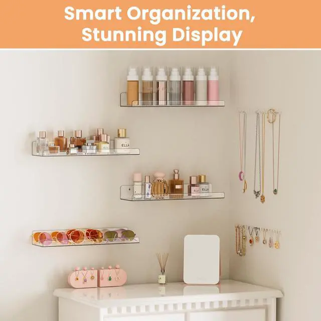 Alt view image 4 of 7 - Acrylic Shelves for Bathroom Storage, 15" Floating Shelves Wall Organizer for Perfume, Make up, Skincare, Kids Bookshelf for Bedroom, Nursery, Living Room Decor, Clear, 4 Pack