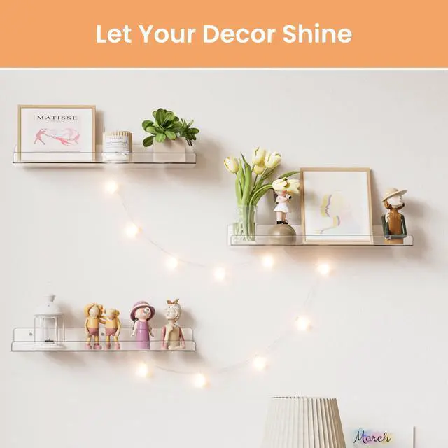 Alt view image 6 of 7 - Acrylic Shelves for Bathroom Storage, 15" Floating Shelves Wall Organizer for Perfume, Make up, Skincare, Kids Bookshelf for Bedroom, Nursery, Living Room Decor, Clear, 4 Pack