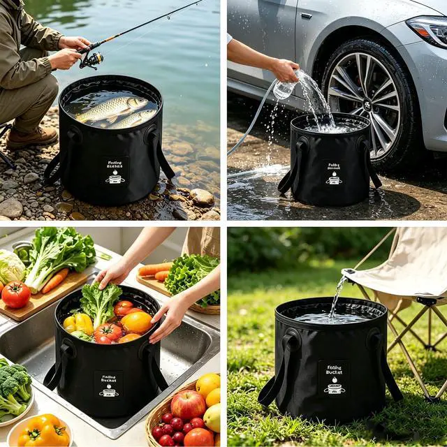 Alt view image 3 of 7 - Collapsible Bucket with Handle, Lightweight Folding Water Container, Portable Collapsible Bucket for Fishing, Camping, Hiking, Backpacking, Outdoor Survival, Car Washing Black 20L