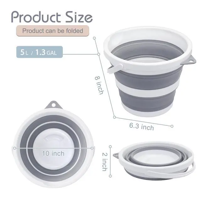 Alt view image 2 of 6 - Small Collapsible Bucket 1.3 Gal/5L, BPA-Free - Space-Efficient, Portable Foldable Water Pail for Household, Outdoor Use, Car Wash, Camping, Fishing - Grey, Single Pack