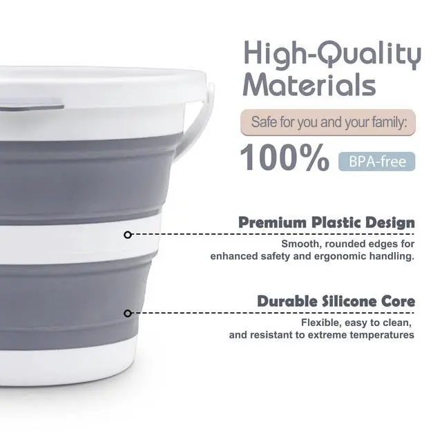 Alt view image 5 of 6 - Small Collapsible Bucket 1.3 Gal/5L, BPA-Free - Space-Efficient, Portable Foldable Water Pail for Household, Outdoor Use, Car Wash, Camping, Fishing - Grey, Single Pack