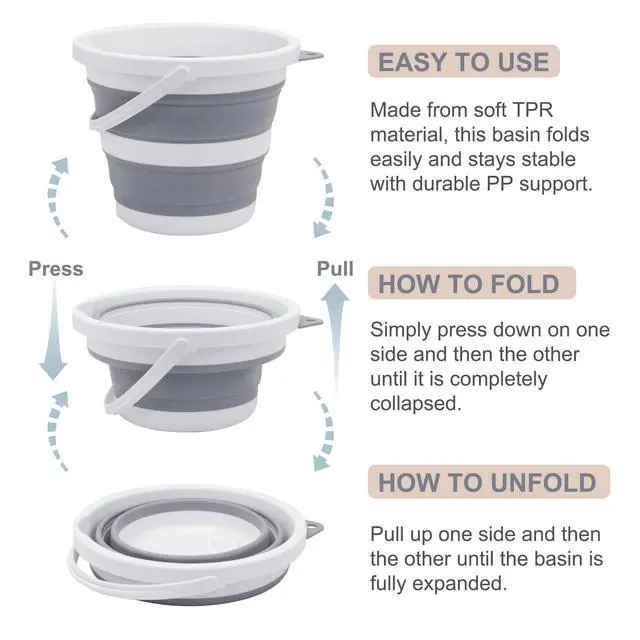 Alt view image 4 of 6 - Small Collapsible Bucket 1.3 Gal/5L, BPA-Free - Space-Efficient, Portable Foldable Water Pail for Household, Outdoor Use, Car Wash, Camping, Fishing - Grey, Single Pack