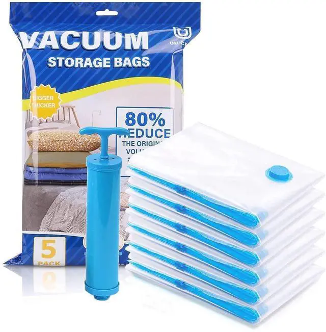 Main image of Vacuum Storage Bags with Hand Pump 5 Pack Large Space Saver Bags for Clothes, Blankets, Comforters & Pillows Airtight Reusable Compression Bags for Travel & Home Organization