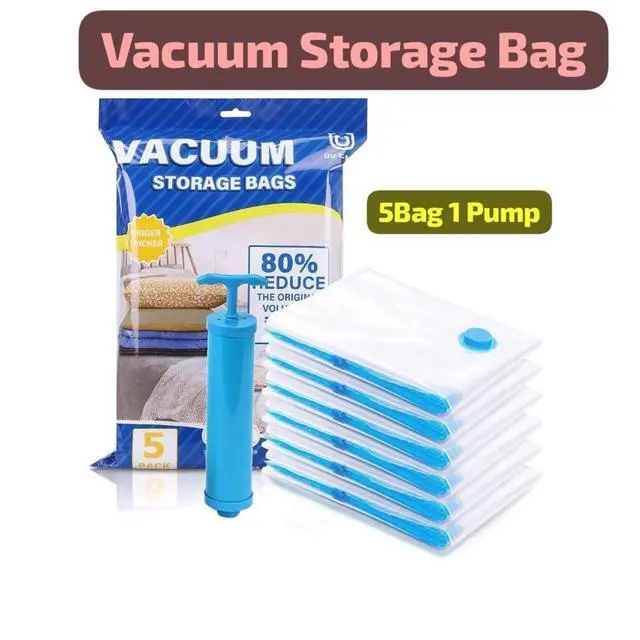 Alt view image 2 of 7 - Vacuum Storage Bags with Hand Pump 5 Pack Large Space Saver Bags for Clothes, Blankets, Comforters & Pillows Airtight Reusable Compression Bags for Travel & Home Organization