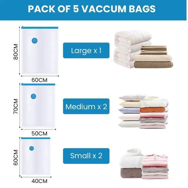 Alt view image 4 of 7 - Vacuum Storage Bags with Hand Pump 5 Pack Large Space Saver Bags for Clothes, Blankets, Comforters & Pillows Airtight Reusable Compression Bags for Travel & Home Organization