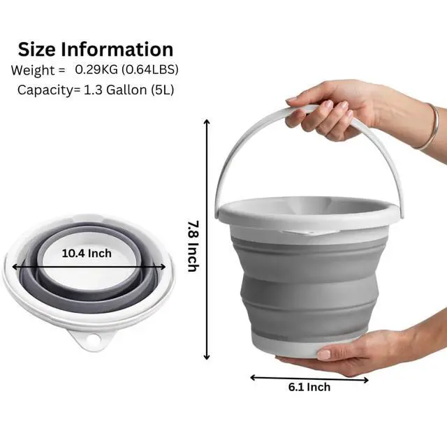 Alt view image 2 of 7 - Collapsible Bucket 5L, Foldable Silicone Water Pail with Handle, Portable Space Saving Bucket for Cleaning, Camping, Car Wash, Fishing, Travel, Durable Lightweight Utility Container