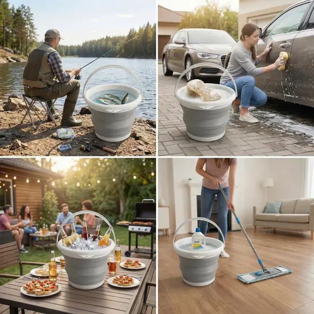 Alt view image 6 of 7 - Collapsible Bucket 5L, Foldable Silicone Water Pail with Handle, Portable Space Saving Bucket for Cleaning, Camping, Car Wash, Fishing, Travel, Durable Lightweight Utility Container