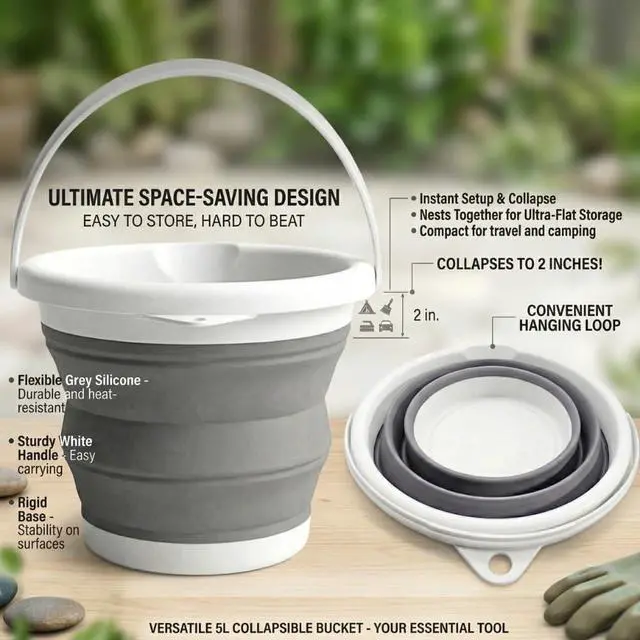 Alt view image 7 of 7 - Collapsible Bucket 5L, Foldable Silicone Water Pail with Handle, Portable Space Saving Bucket for Cleaning, Camping, Car Wash, Fishing, Travel, Durable Lightweight Utility Container