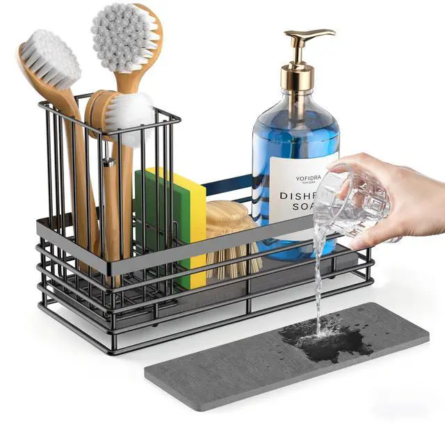 Main image of Sponge Holder for Kitchen Sink, Sink Caddy Organizer with Stone Drying Mat, Kitchen Countertop Organizers and Storage Essentials, 304 Stainless Steel (Black, 9.29 L)
