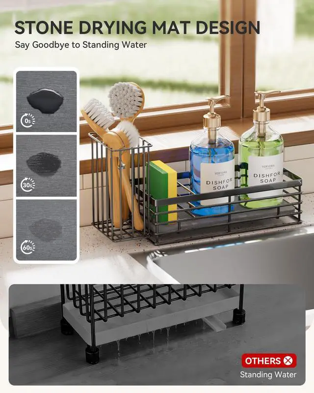 Alt view image 2 of 7 - Sponge Holder for Kitchen Sink, Sink Caddy Organizer with Stone Drying Mat, Kitchen Countertop Organizers and Storage Essentials, 304 Stainless Steel (Black, 9.29 L)