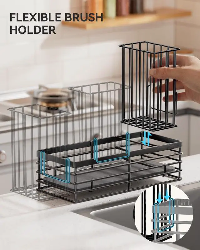 Alt view image 3 of 7 - Sponge Holder for Kitchen Sink, Sink Caddy Organizer with Stone Drying Mat, Kitchen Countertop Organizers and Storage Essentials, 304 Stainless Steel (Black, 9.29 L)