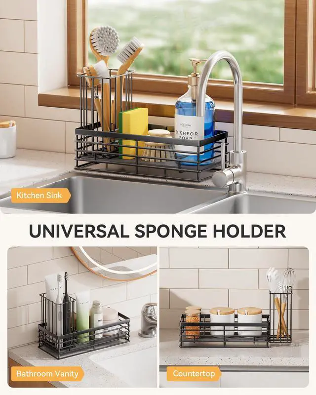 Alt view image 4 of 7 - Sponge Holder for Kitchen Sink, Sink Caddy Organizer with Stone Drying Mat, Kitchen Countertop Organizers and Storage Essentials, 304 Stainless Steel (Black, 9.29 L)
